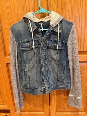 Free People Denim Jacket with Knit Hood and Gray Sleeves